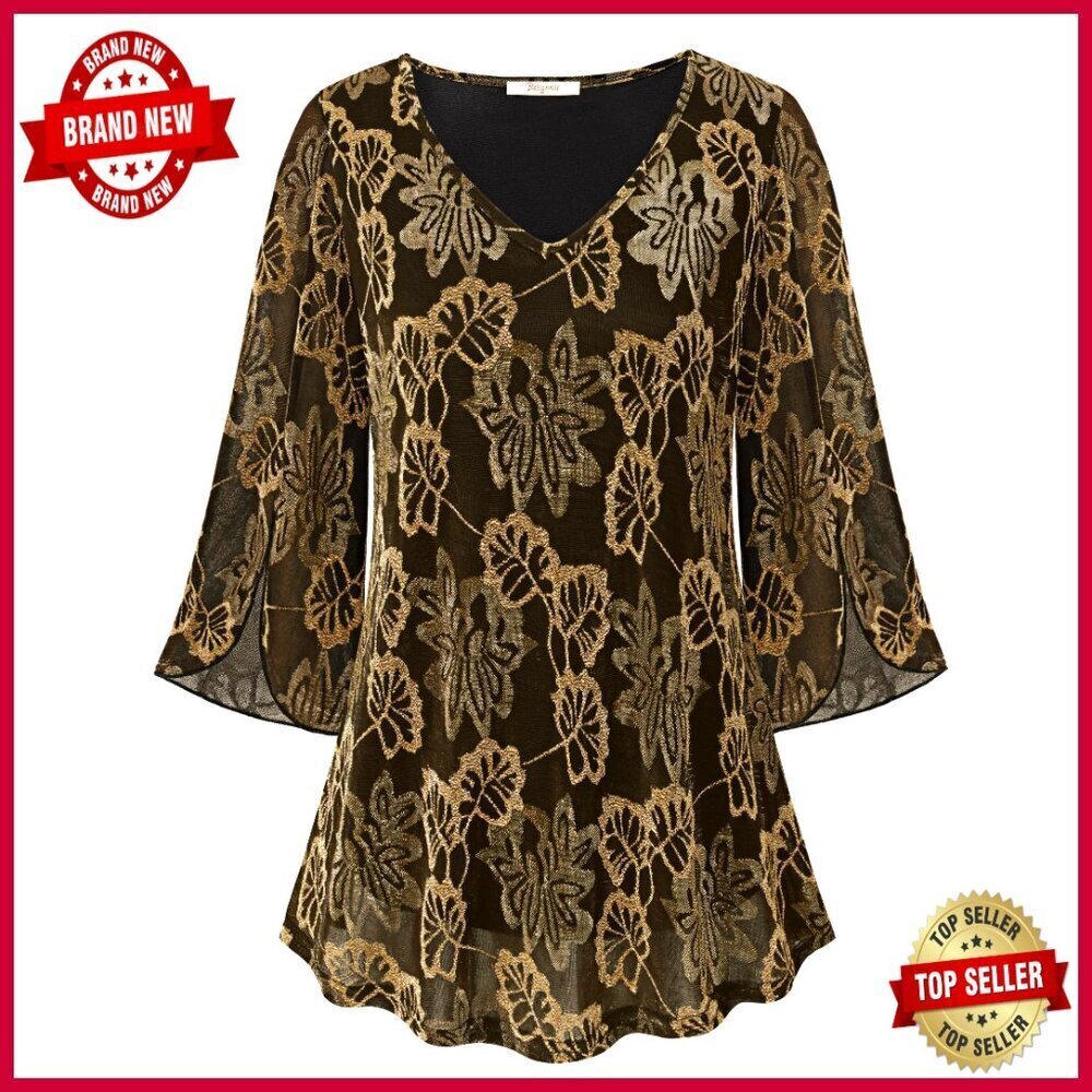 Ruffle 3/4 Sleeve V Neck Mesh Blouse Loose Fit Flowy Tunic Top Elegant Chic